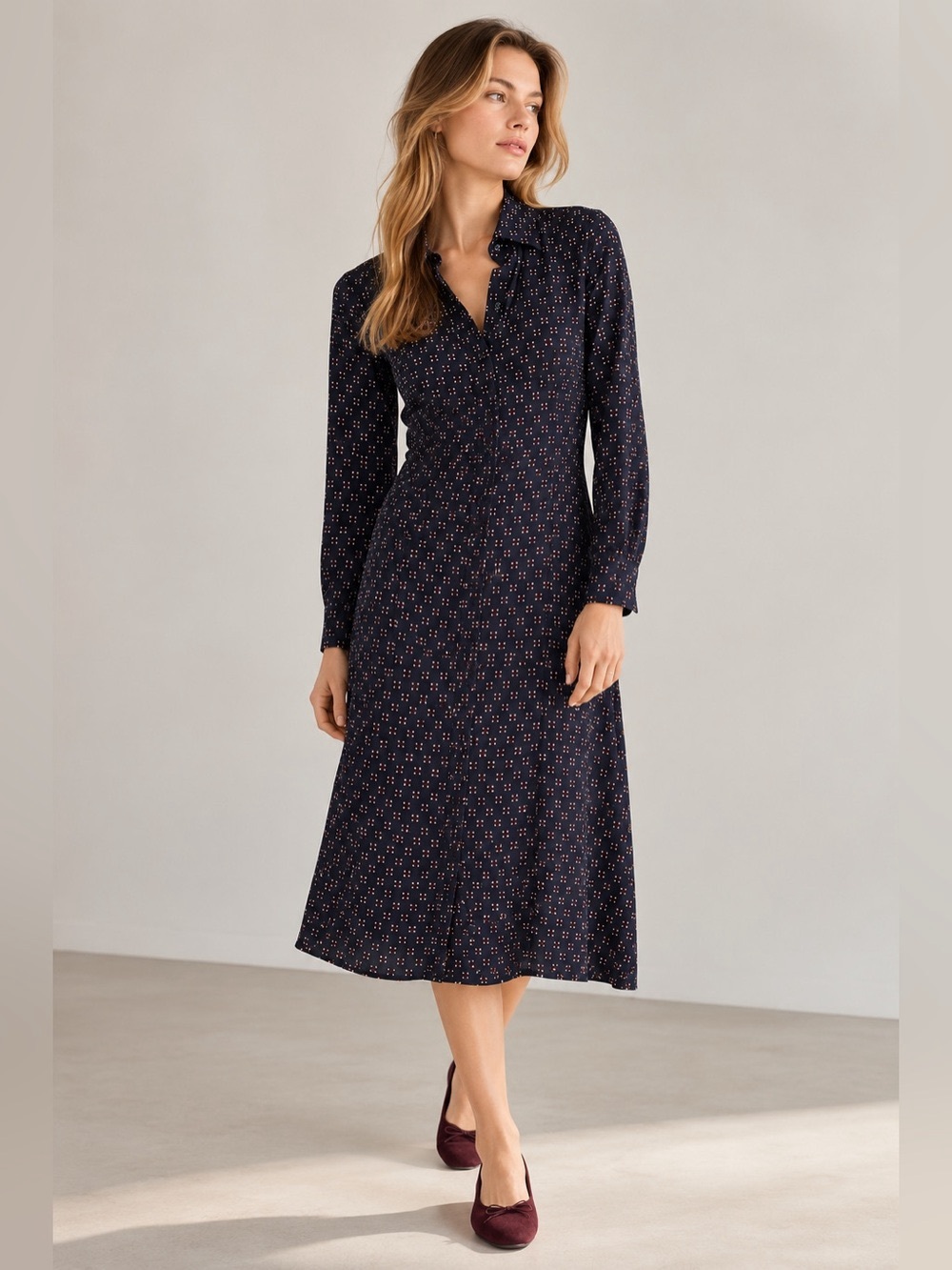 Madewell Ruched Midi Shirtdress Navy Foulard